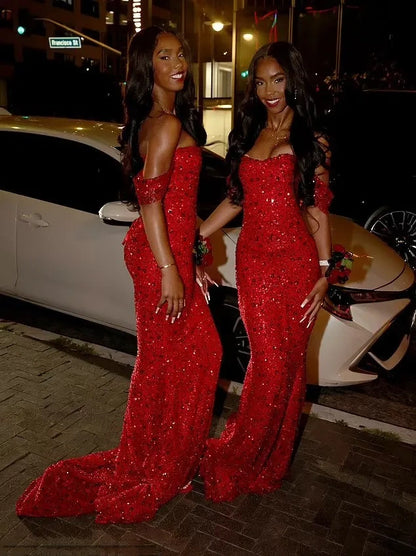 Glitter Mermaid Off The Shoulder Red Sequins Long Formal Fancy Prom Evening Dress Dinner Outfits Classy Party Gowns For Black Girls AB2086