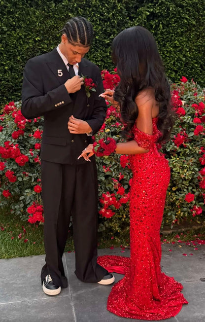 Glitter Mermaid Off The Shoulder Red Sequins Long Formal Fancy Prom Evening Dress Dinner Outfits Classy Party Gowns For Black Girls AB2086