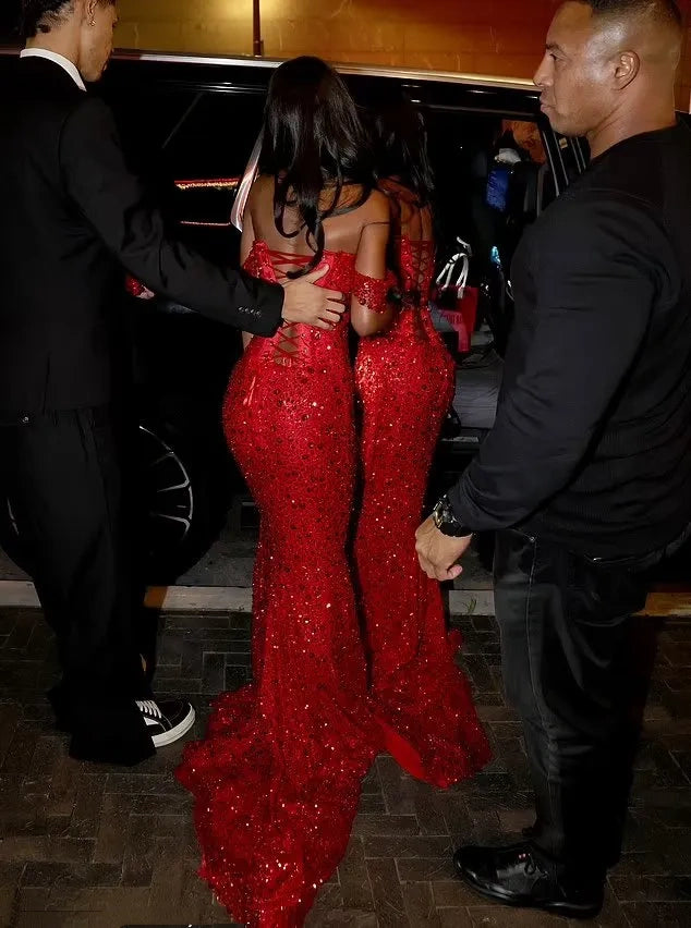 Glitter Mermaid Off The Shoulder Red Sequins Long Formal Fancy Prom Evening Dress Dinner Outfits Classy Party Gowns For Black Girls AB2086