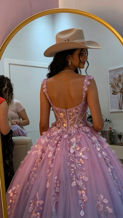 Elegantes Ballkleid mit Herzausschnitt, lila Tüllapplikationen, Abschlussballkleid, Partykleid, langes Abendkleid AB2151