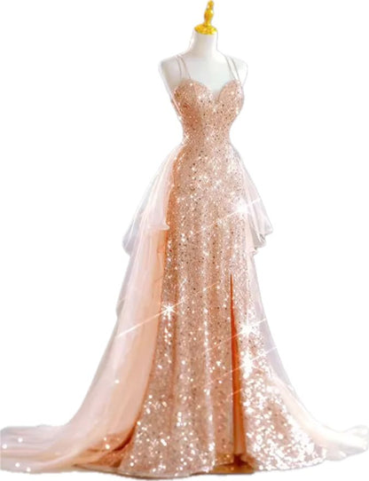 Robe de soirée sirène chic à fines bretelles et sequins lilas, longue et élégante, idéale pour les bals de fin d'année et les dîners. Parfaite pour les adolescentes (AB2172).