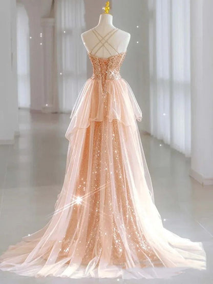 Robe de soirée sirène chic à fines bretelles et sequins lilas, longue et élégante, idéale pour les bals de fin d'année et les dîners. Parfaite pour les adolescentes (AB2172).
