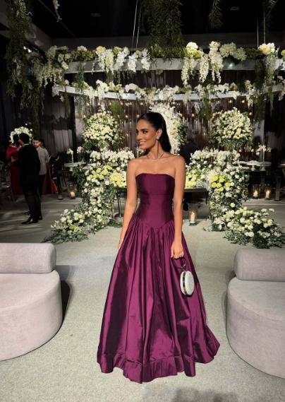 Robe de bal modeste sans bretelles en satin violet, robe de soirée taille basse AB2182