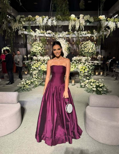 Robe de bal modeste sans bretelles en satin violet, robe de soirée taille basse AB2182