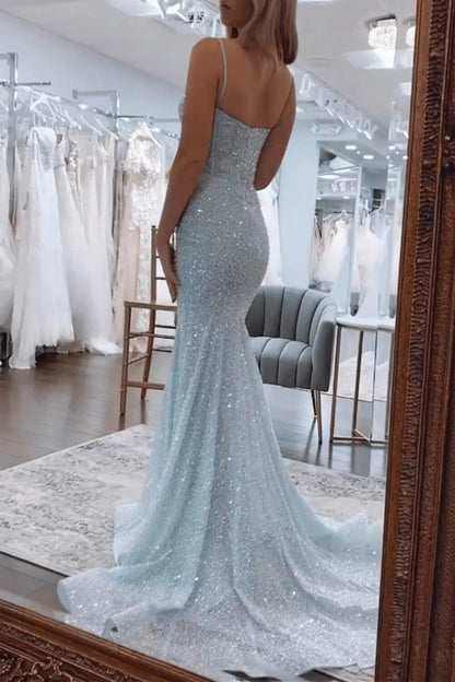 Robe de bal sexy années 50, sirène, bretelles spaghetti, sequins bleu ciel clair, robe de soirée longue AB2183