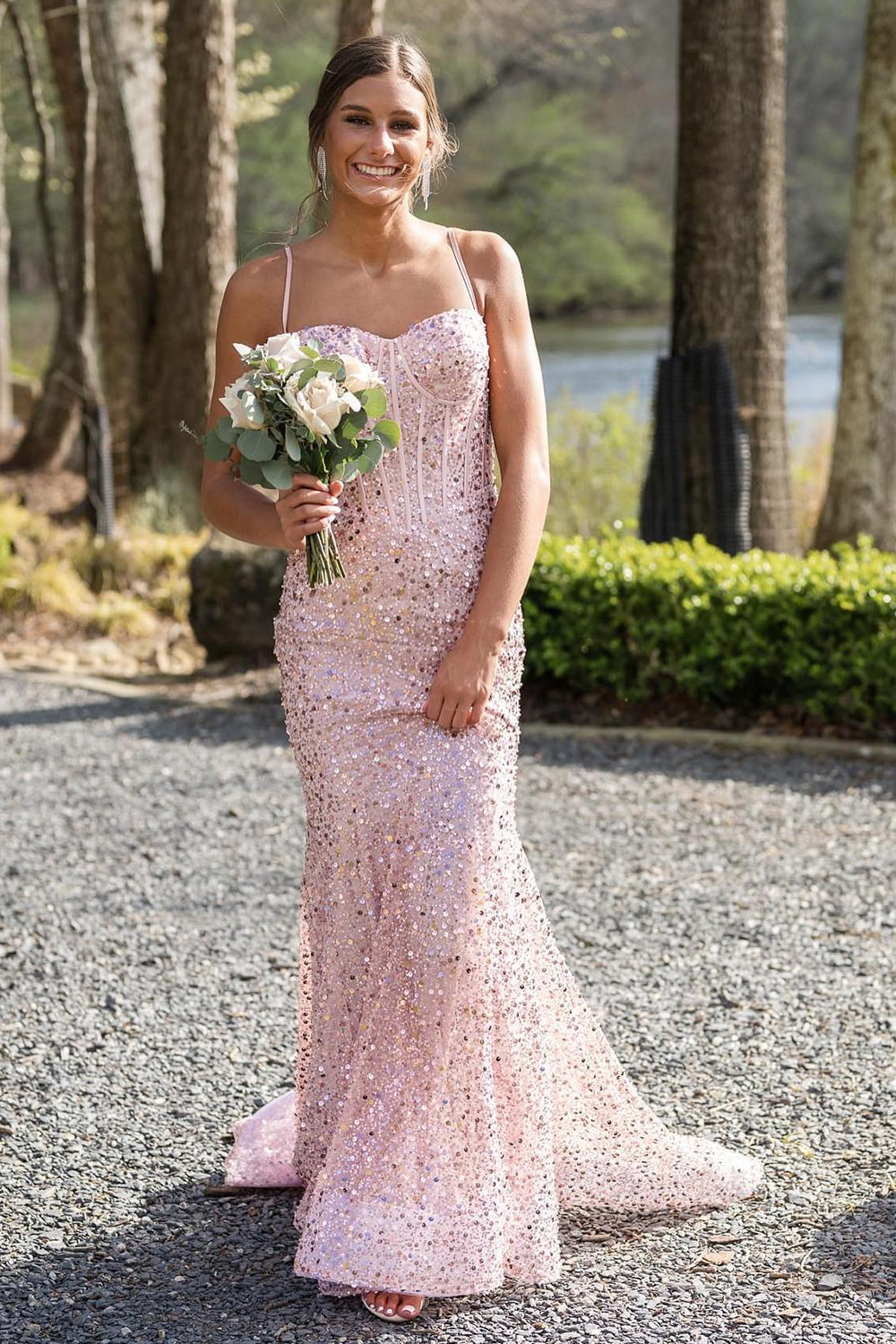 Robe de bal sexy années 50, sirène, bretelles spaghetti, sequins bleu ciel clair, robe de soirée longue AB2183