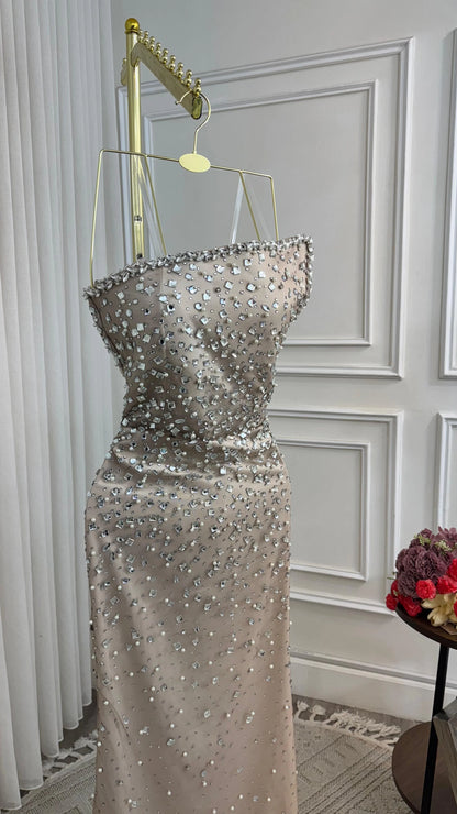 Robe de bal de fin d'année modeste pour lycéennes - Inspiration sirène bustier à sequins - Robe longue semi-formelle à paillettes pour adolescentes AB2193