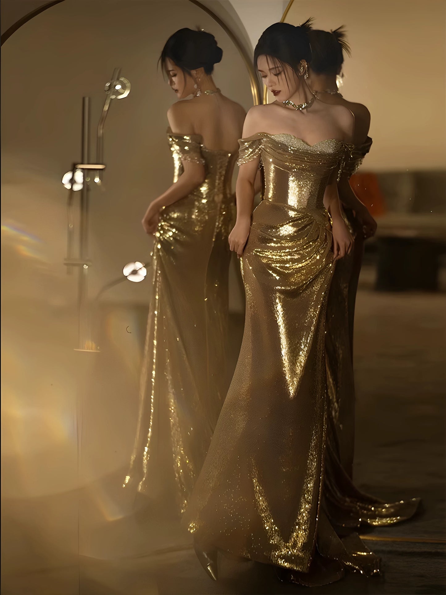 Meerjungfrauen-Abendkleid mit schulterfreiem Rock, goldenen Pailletten und kurzen Ärmeln – Inspiration für lange Abendoutfits und Geburtstagsoutfits AB2211