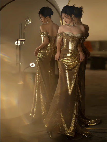 Meerjungfrauen-Abendkleid mit schulterfreiem Rock, goldenen Pailletten und kurzen Ärmeln – Inspiration für lange Abendoutfits und Geburtstagsoutfits AB2211