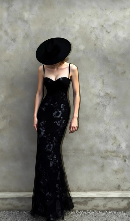 Robe de bal longue à bretelles spaghetti et imprimé floral, style fourreau, sexy et idéale pour les soirées entre adolescentes (AB2233)