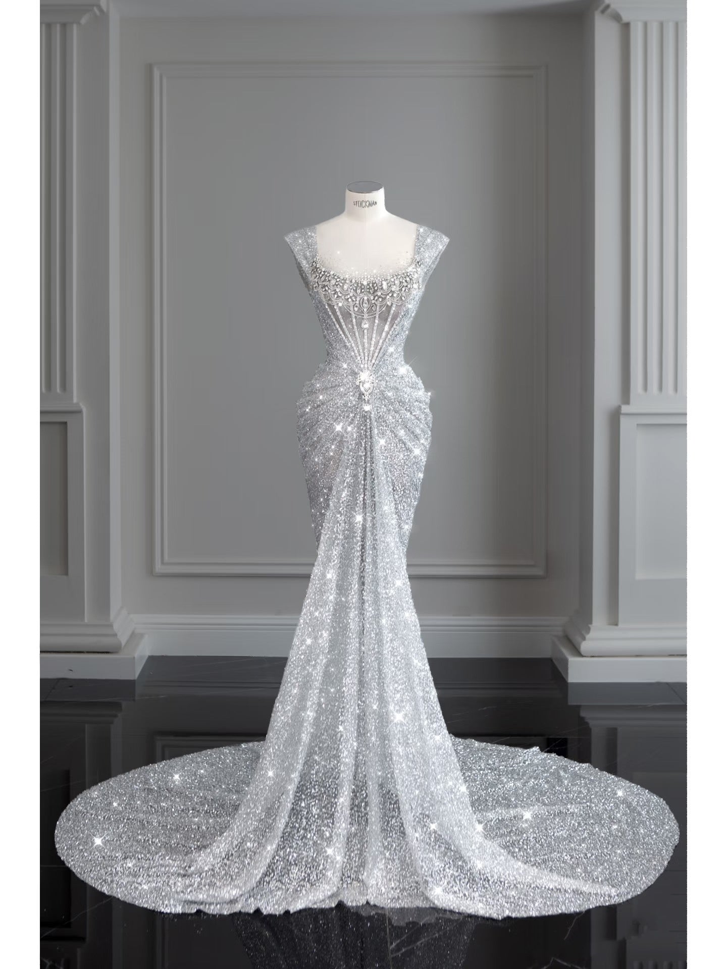 Robe de bal sirène modeste à encolure carrée et sequins argentés ornés de perles, inspiration robe de soirée longue pour un 19e anniversaire AB2276
