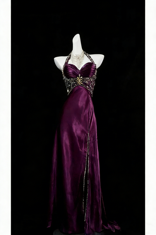 Vintage A Line 1950s Halter Satin With Beaded Gems Long Prom Dresses Party Dress 18th Birthday Outfits Graduation Dress N925