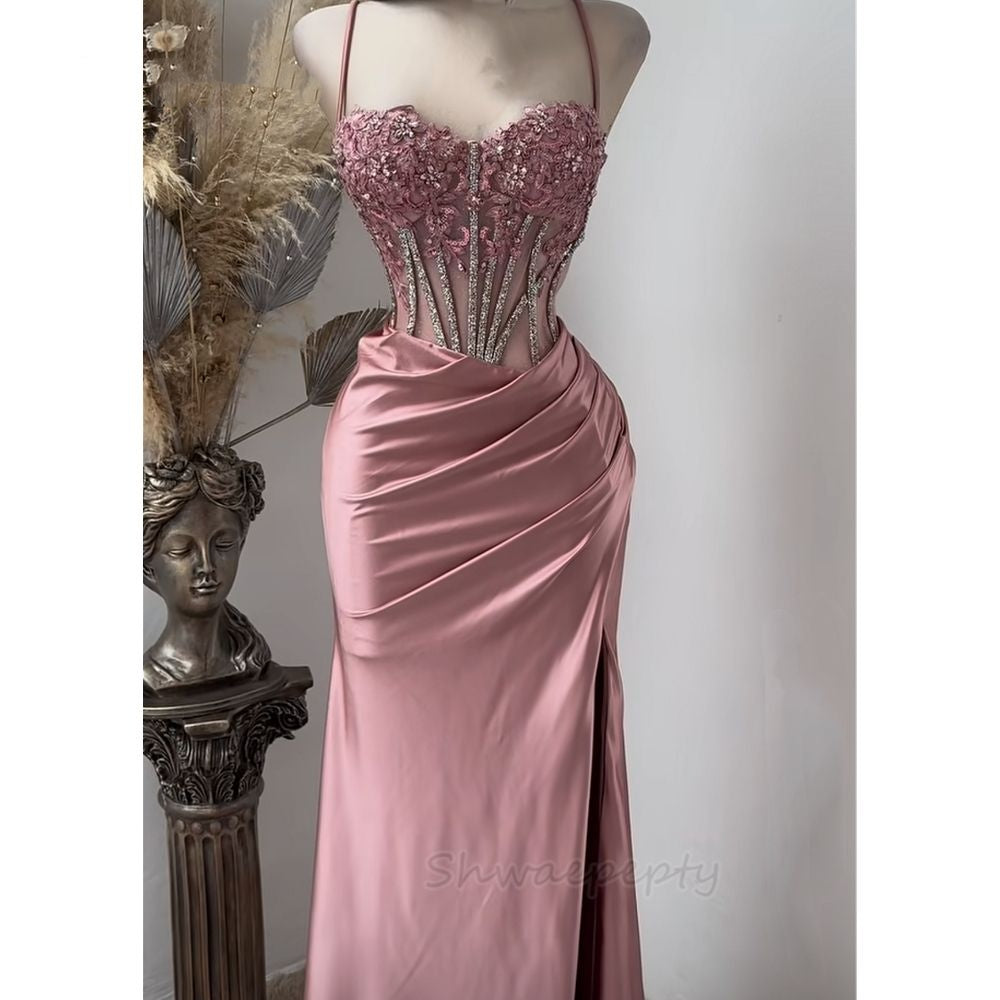Pink Mermaid Prom Dresses Side Split Spaghetti Straps Sexy Special Dress Lace Appliques Crystals Beaded Party Gowns AB345