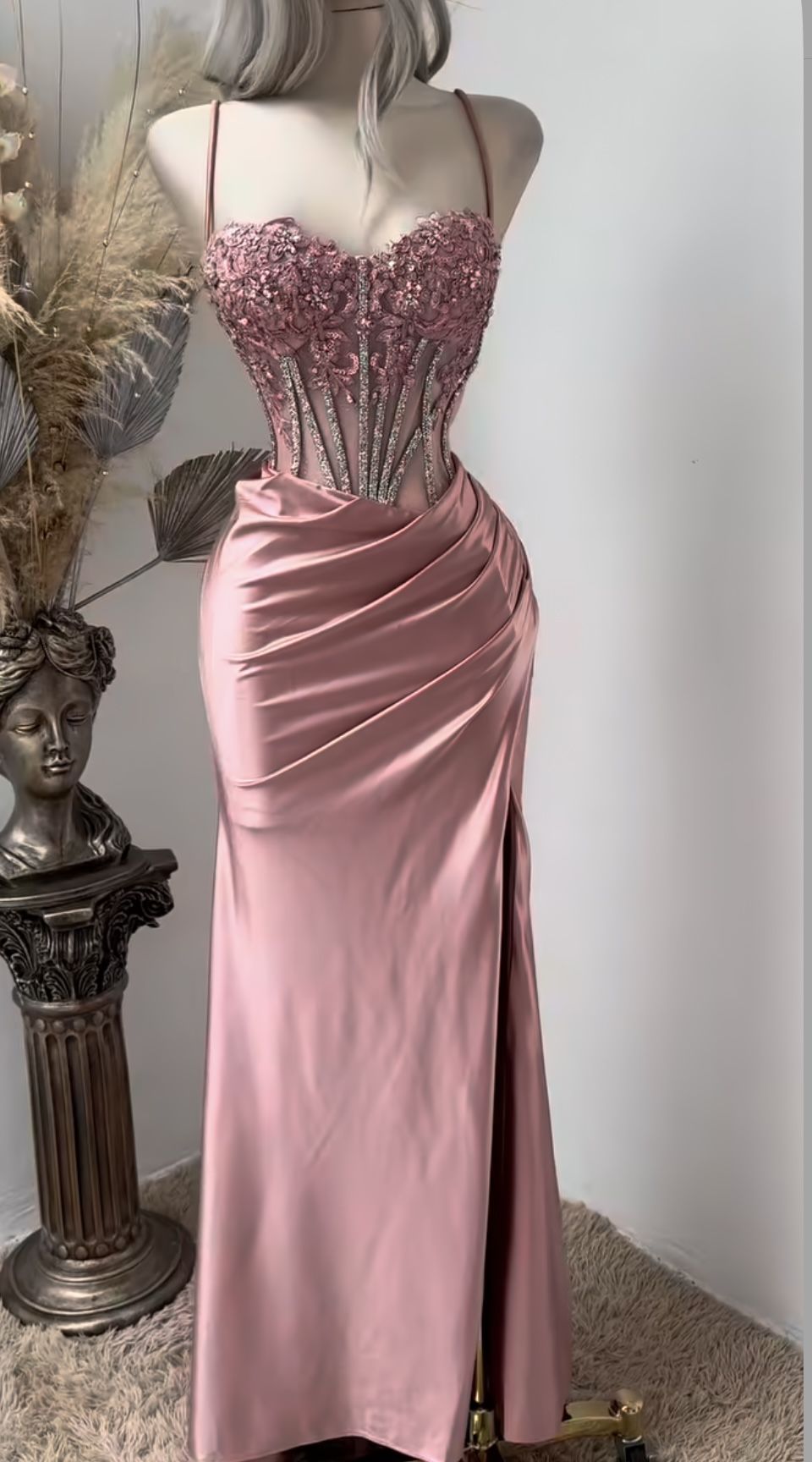 Pink Mermaid Prom Dresses Side Split Spaghetti Straps Sexy Special Dress Lace Appliques Crystals Beaded Party Gowns AB345
