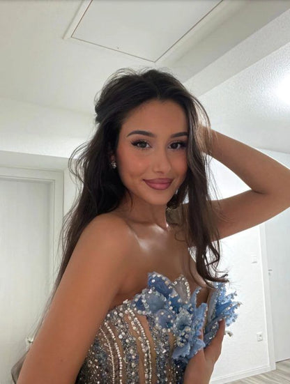 Gorgeous Mermaid Sweetheart Blue Slit Sequins Beaded Bodice Prom Dresses Long Formal Party Gown AB366
