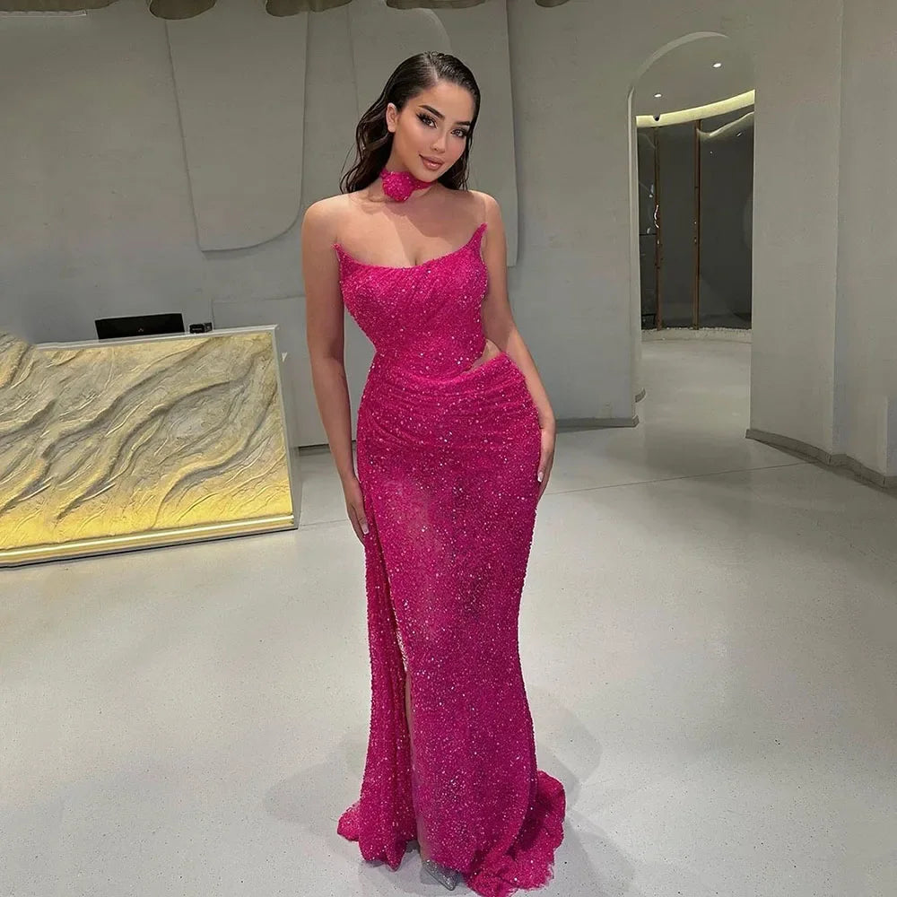 Mermaid Prom Dresses Strapless Sexy Special Slit Dress Sequins Hot Pink Party Gowns AB373