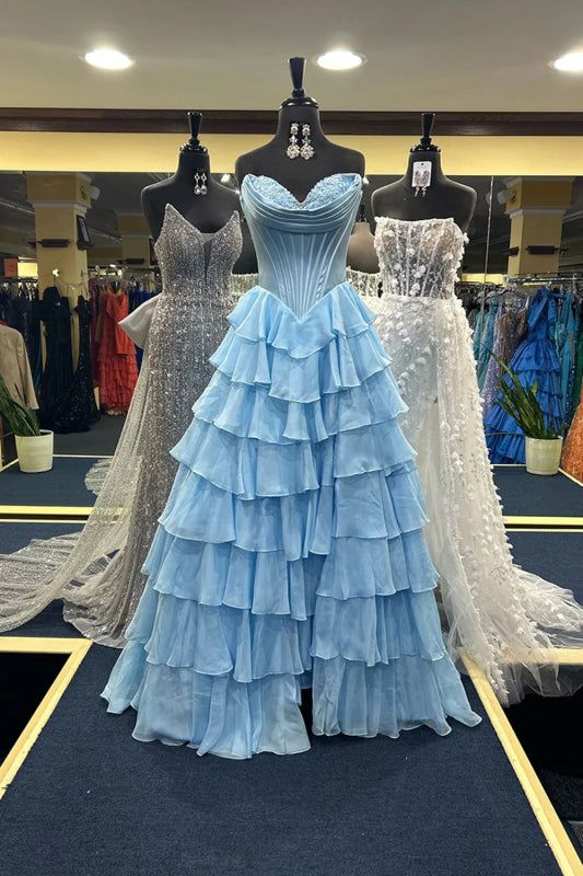 Attractive Ball Gown Basque Waist Corset Ruffle Blue Slit Prom Dresses AB377