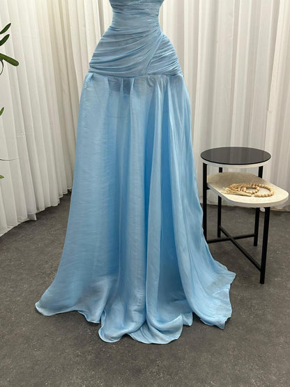Magnifique robe de bal longue bleue chic, sans bretelles ni manches, coupe trapèze, avec plis, AB393