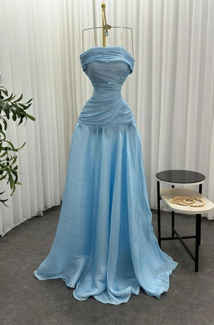 Magnifique robe de bal longue bleue chic, sans bretelles ni manches, coupe trapèze, avec plis, AB393