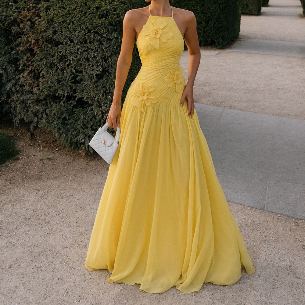 Robe de bal jaune élégante, coupe trapèze, dos nu, en mousseline plissée à volants, robe de soirée formelle AB416