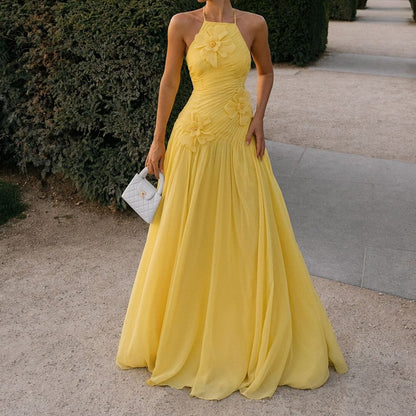 Robe de bal jaune élégante, coupe trapèze, dos nu, en mousseline plissée à volants, robe de soirée formelle AB416
