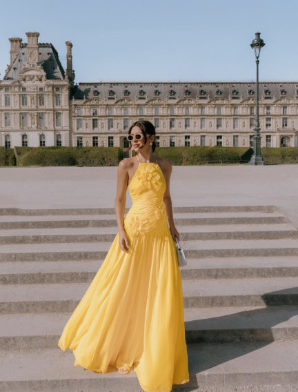 Robe de bal jaune élégante, coupe trapèze, dos nu, en mousseline plissée à volants, robe de soirée formelle AB416