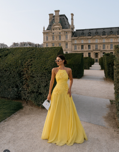 Robe de bal jaune élégante, coupe trapèze, dos nu, en mousseline plissée à volants, robe de soirée formelle AB416