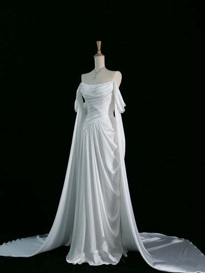 Robe de bal sirène violette à épaules dénudées et plis, modèle AB438