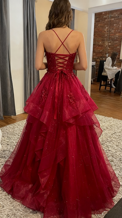 Chic Ball Gown Spaghetti Straps Burgundy Tulle Lace Long Prom Dress Evening Formal Gowns AB463