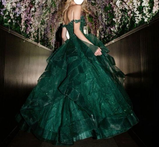 Robe de bal sobre à épaules dénudées, en tulle et dentelle appliquée, longue robe de soirée vert foncé, AB469