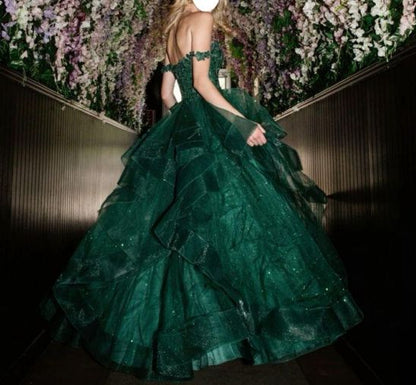 Robe de bal sobre à épaules dénudées, en tulle et dentelle appliquée, longue robe de soirée vert foncé, AB469