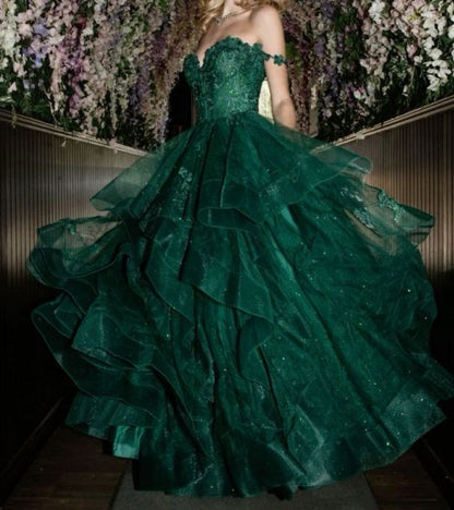 Robe de bal sobre à épaules dénudées, en tulle et dentelle appliquée, longue robe de soirée vert foncé, AB469