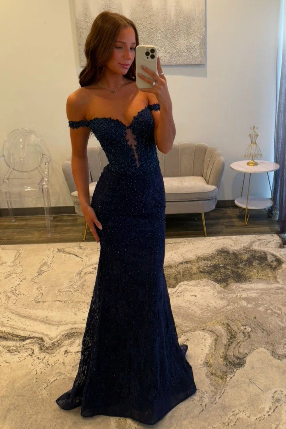 Navy Blue Mermaid Lace Appliques Prom Dresses Long for Women 2026 Off the Shoulder Illusion Formal Vestidos De Dia AB497