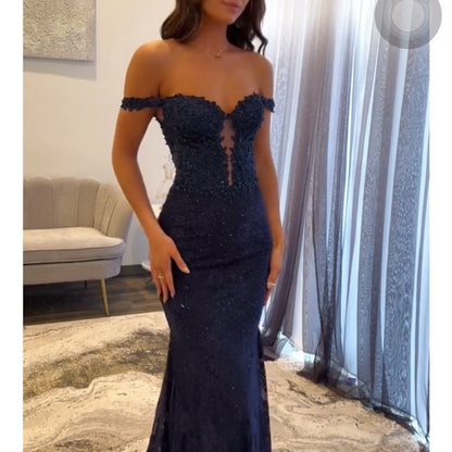 Navy Blue Mermaid Lace Appliques Prom Dresses Long for Women 2026 Off the Shoulder Illusion Formal Vestidos De Dia AB497