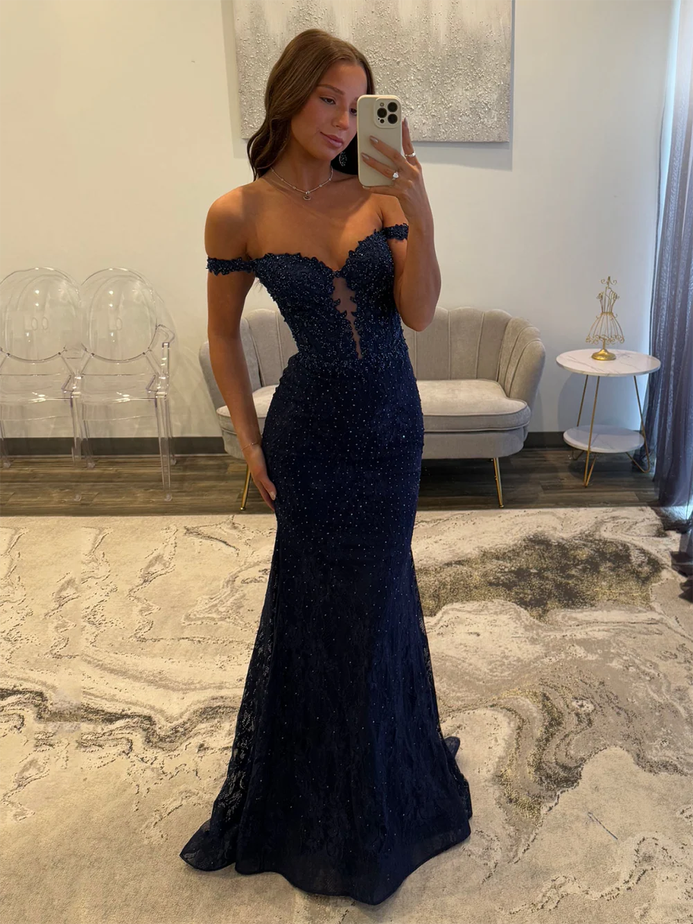Navy Blue Mermaid Lace Appliques Prom Dresses Long for Women 2026 Off the Shoulder Illusion Formal Vestidos De Dia AB497