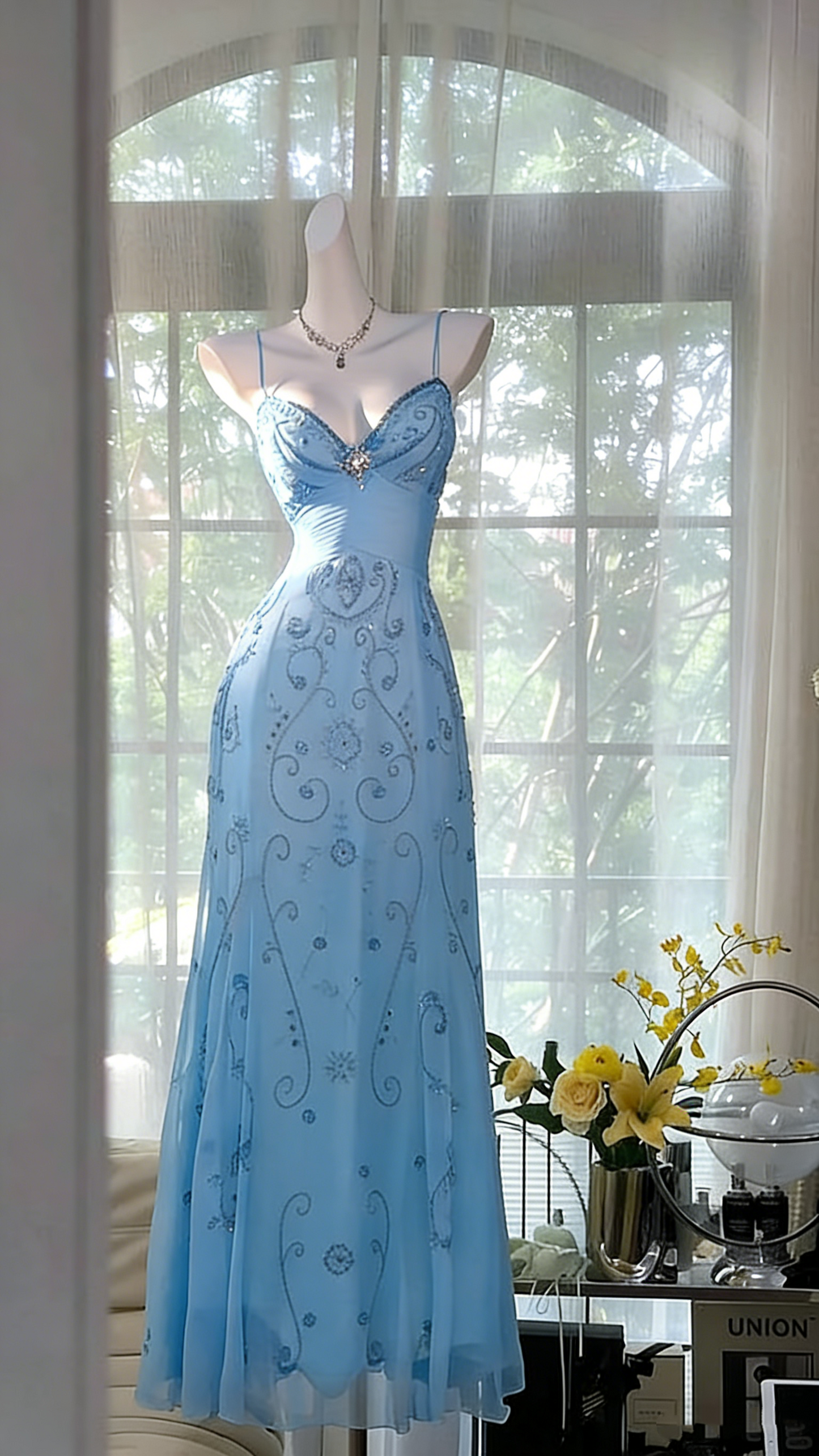 Robe de bal jaune unique, longue, dos nu perlée, tenue de bal Vestidos De Dia AB517