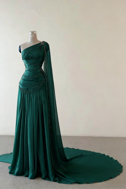 Robe de soirée longue en mousseline rose, élégante, asymétrique, fourreau, épaule dénudée, idéale pour un bal de promo ou une cérémonie (AB525)