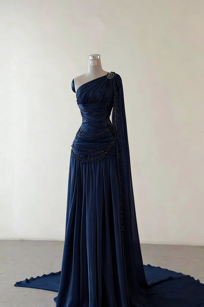 Robe de soirée longue en mousseline rose, élégante, asymétrique, fourreau, épaule dénudée, idéale pour un bal de promo ou une cérémonie (AB525)