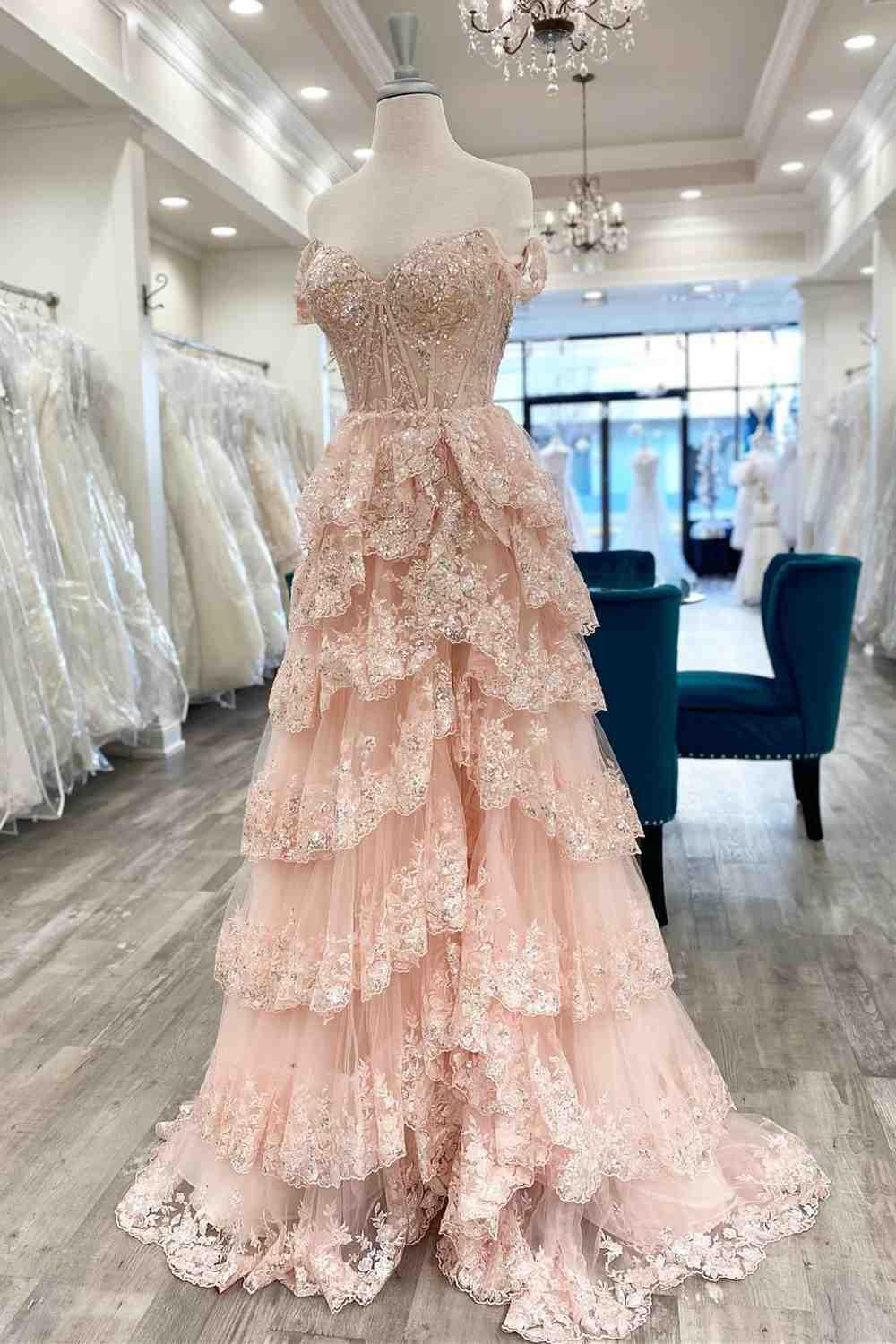 Schlichte A-Linien-Träger, rosa Glitzerspitze, Ballkleid-Inspiration, lange gestufte Abendkleider, Vestidos De Dia AB538