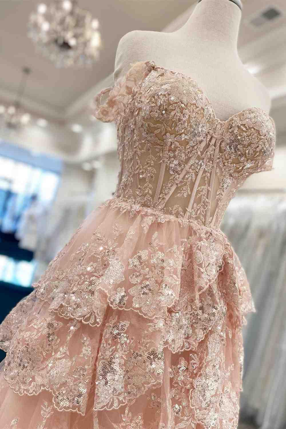 Schlichte A-Linien-Träger, rosa Glitzerspitze, Ballkleid-Inspiration, lange gestufte Abendkleider, Vestidos De Dia AB538
