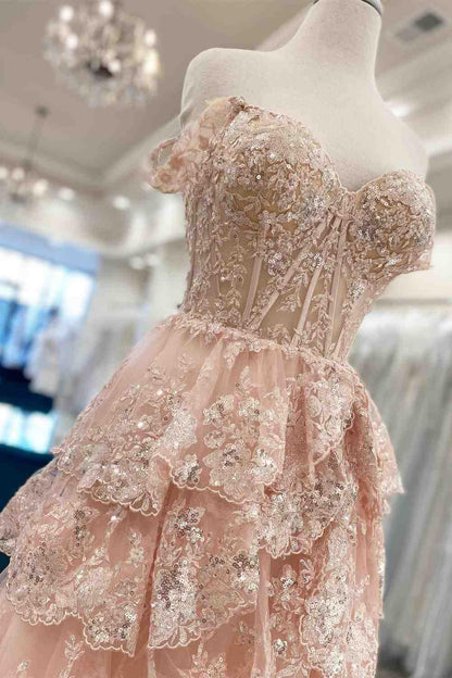 Schlichte A-Linien-Träger, rosa Glitzerspitze, Ballkleid-Inspiration, lange gestufte Abendkleider, Vestidos De Dia AB538