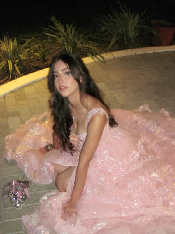 Schlichte A-Linien-Träger, rosa Glitzerspitze, Ballkleid-Inspiration, lange gestufte Abendkleider, Vestidos De Dia AB538