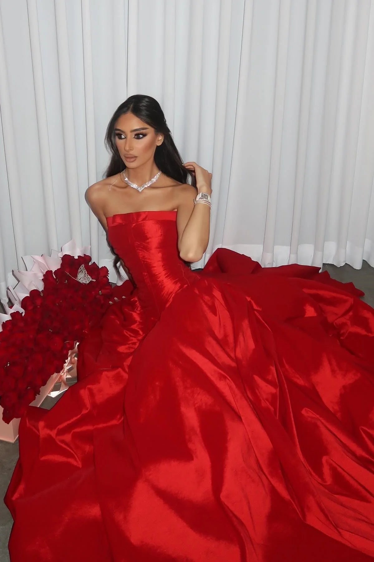 Princess A Line Strapless Red Long Party Dress with Ruffles Vestidos De Dia AB540