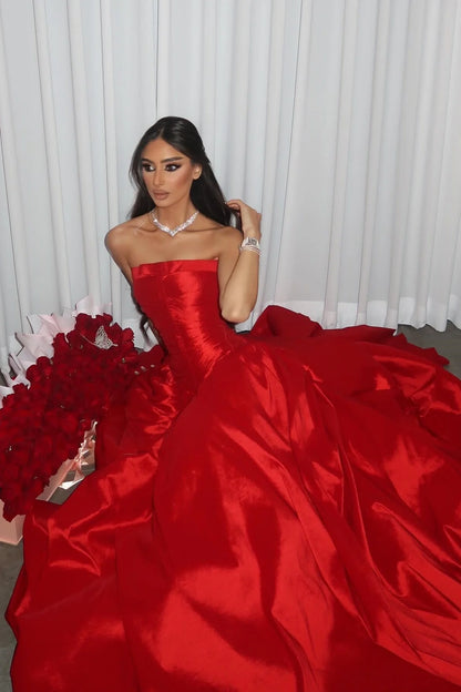 Princess A Line Strapless Red Long Party Dress with Ruffles Vestidos De Dia AB540