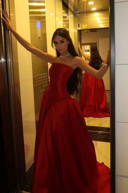 Princess A Line Strapless Red Long Party Dress with Ruffles Vestidos De Dia AB540