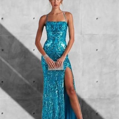 Robe sirène élégante à sequins bleu Tiffany, idéale pour les bals de fin d'année et les mariages (AB549)