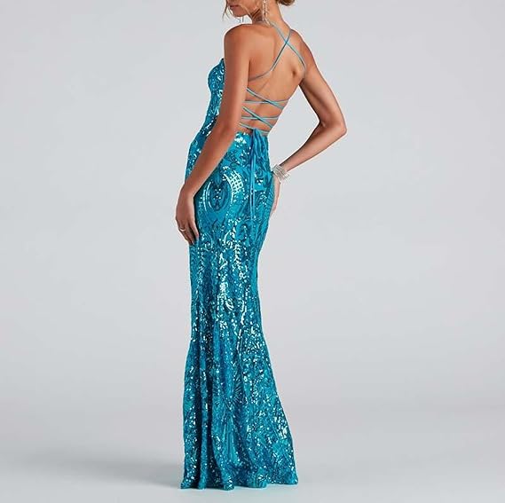 Robe sirène élégante à sequins bleu Tiffany, idéale pour les bals de fin d'année et les mariages (AB549)