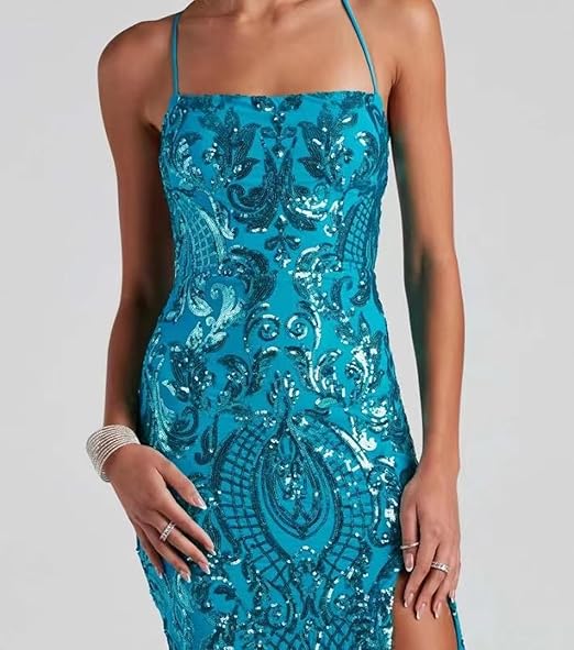 Robe sirène élégante à sequins bleu Tiffany, idéale pour les bals de fin d'année et les mariages (AB549)