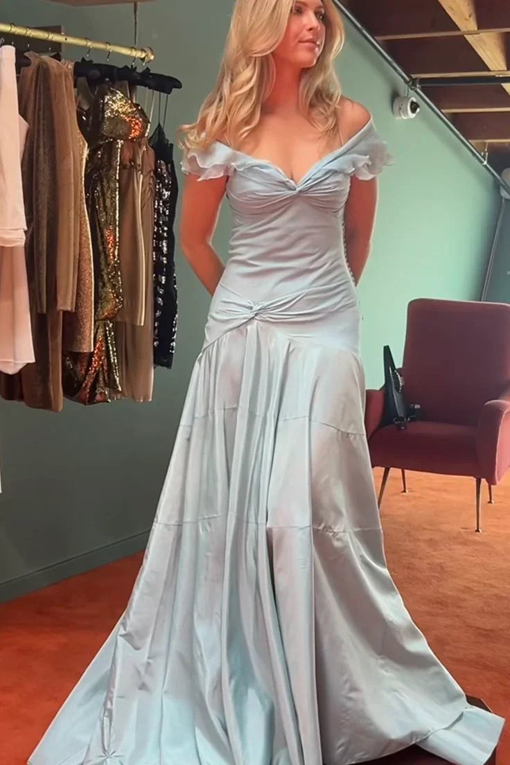 Robe de bal longue sirène élégante en mousseline bleue à épaules dénudées, modèle AB579