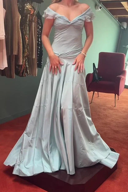 Robe de bal longue sirène élégante en mousseline bleue à épaules dénudées, modèle AB579
